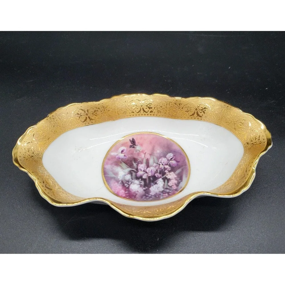 Limoges France Versailles Porcelain Trinket Dish Wavy Gold Gilt Purple Flower 7